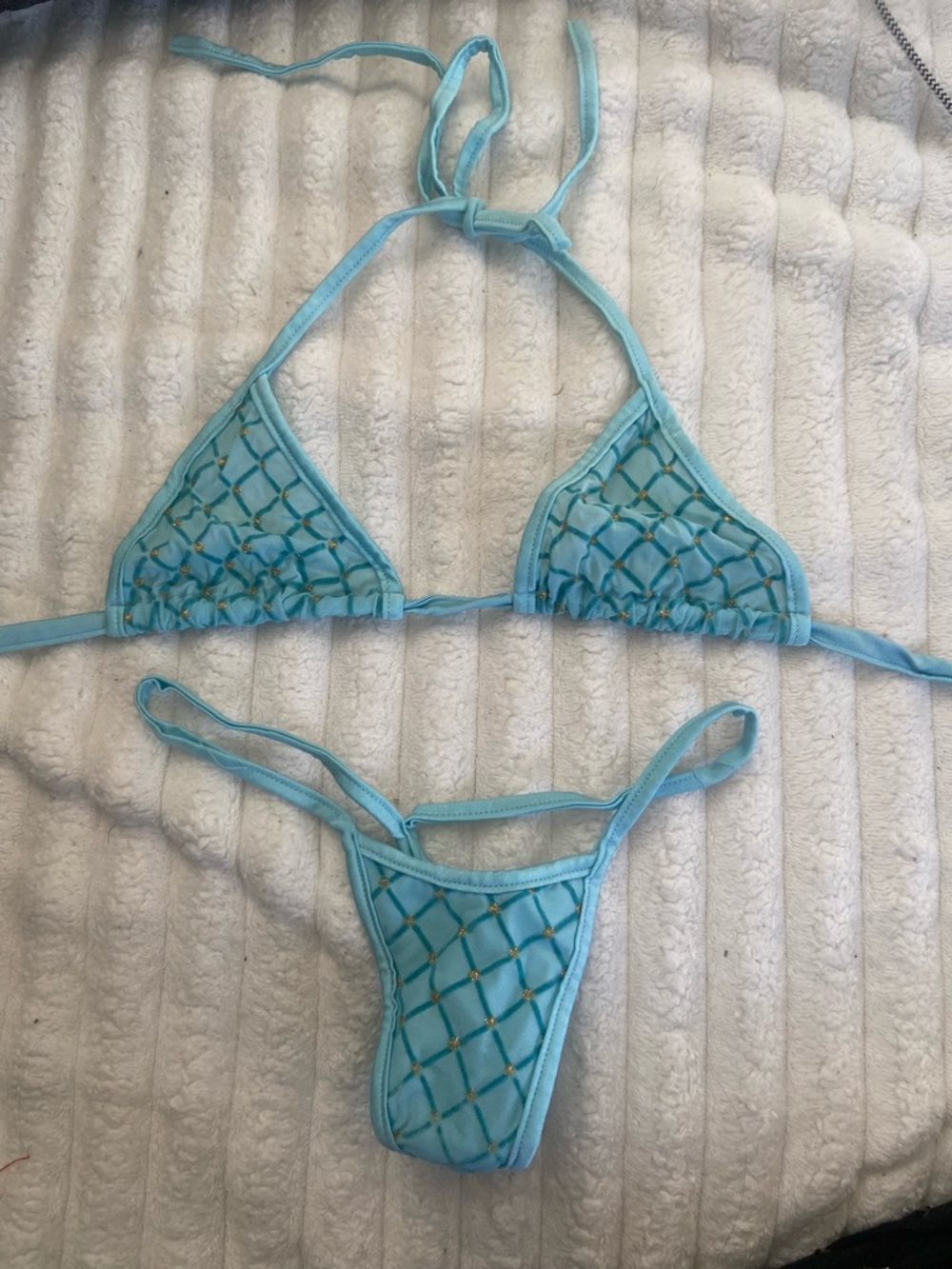 Aqua Blue Lattice-Embellished Stripper Bikini Set